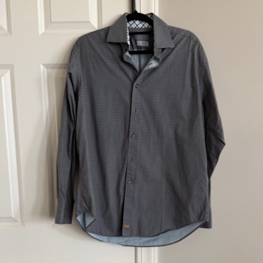 Thomas Dean Brown and White Micro-Pattern Dress Shirt